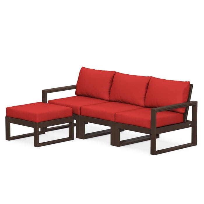 POLYWOOD EDGE 4-Piece Modular Sectional with Ottoman in Mahogany / Crimson Linen