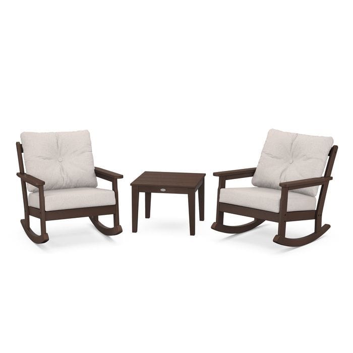 POLYWOOD Vineyard 3-Piece Deep Seating Rocking Chair Set in Mahogany / Dune Burlap