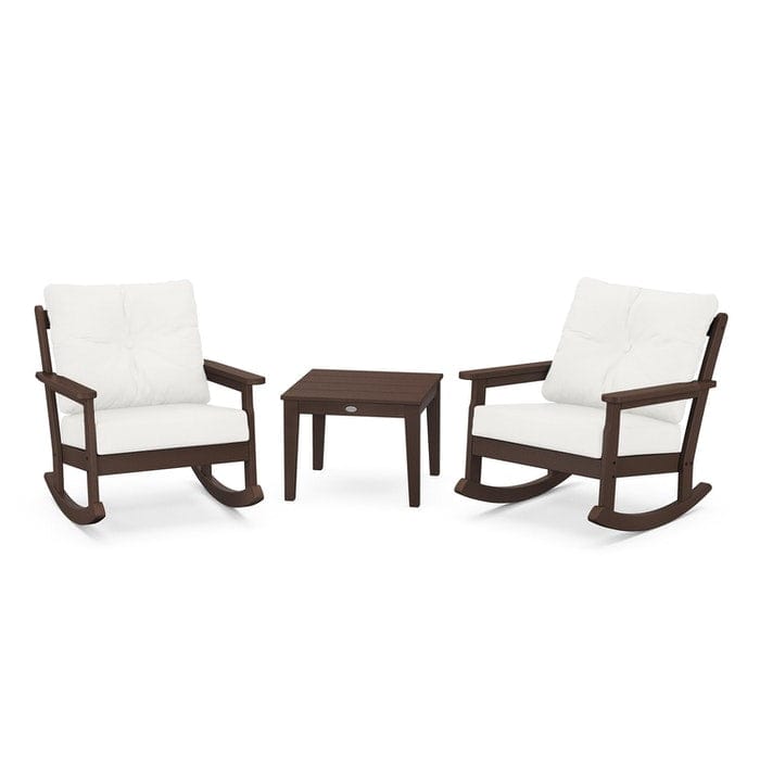 POLYWOOD Vineyard 3-Piece Deep Seating Rocking Chair Set in Mahogany / Natural Linen