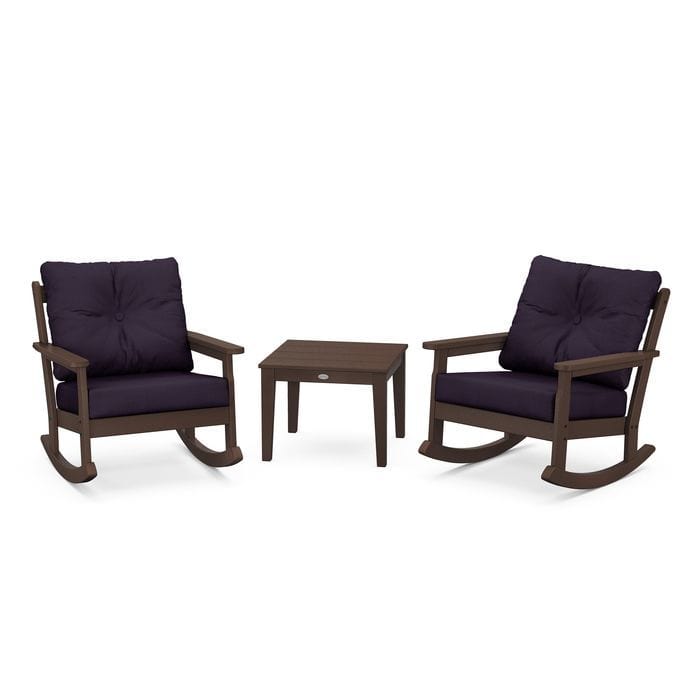 POLYWOOD Vineyard 3-Piece Deep Seating Rocking Chair Set in Mahogany / Navy Linen