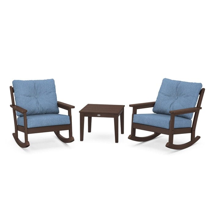 POLYWOOD Vineyard 3-Piece Deep Seating Rocking Chair Set in Mahogany / Sky Blue