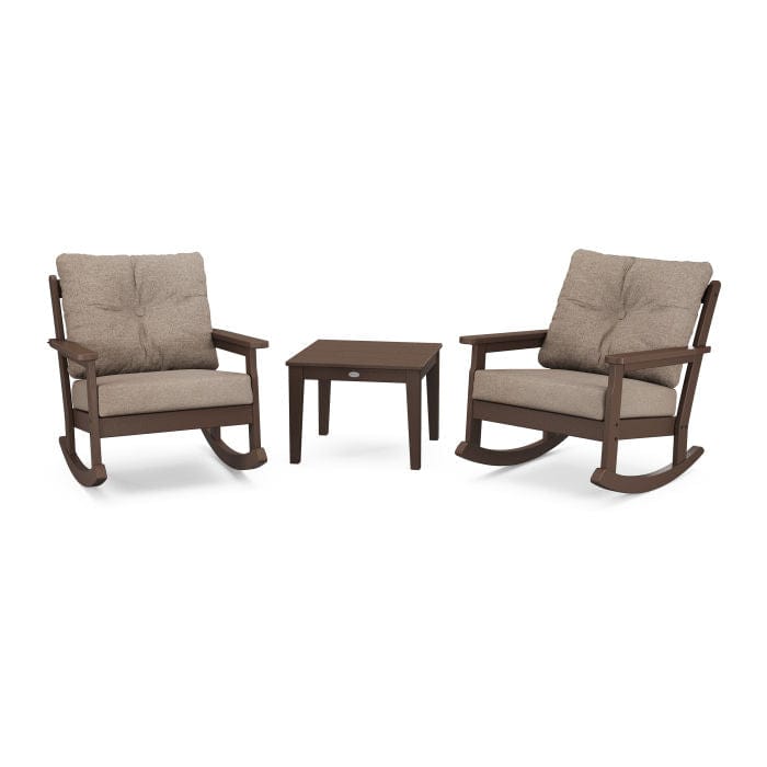 POLYWOOD Vineyard 3-Piece Deep Seating Rocking Chair Set in Mahogany / Spiced Burlap