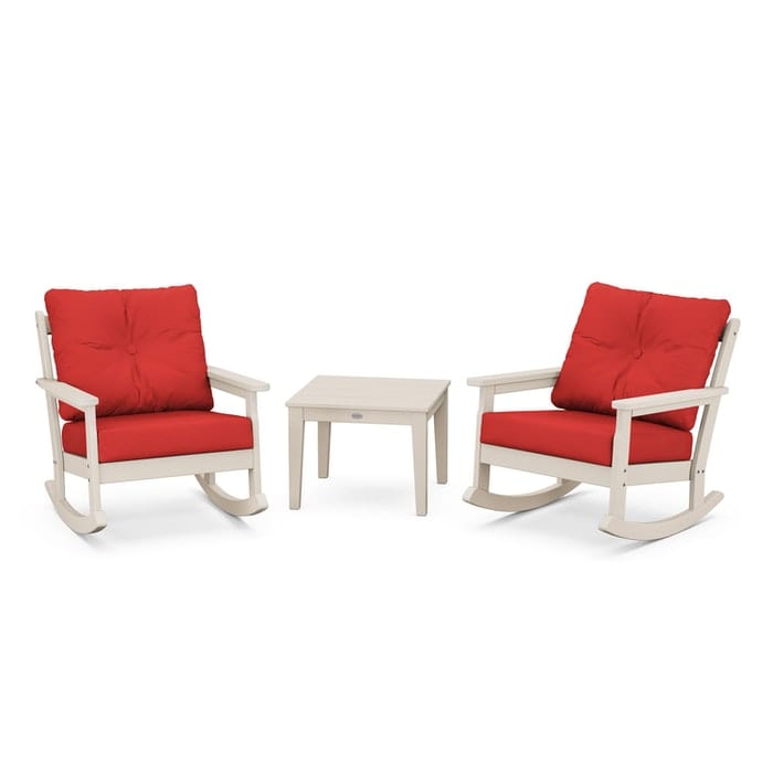 POLYWOOD Vineyard 3-Piece Deep Seating Rocking Chair Set in Sand / Crimson Linen