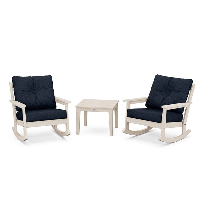 POLYWOOD Vineyard 3-Piece Deep Seating Rocking Chair Set in Sand / Marine Indigo