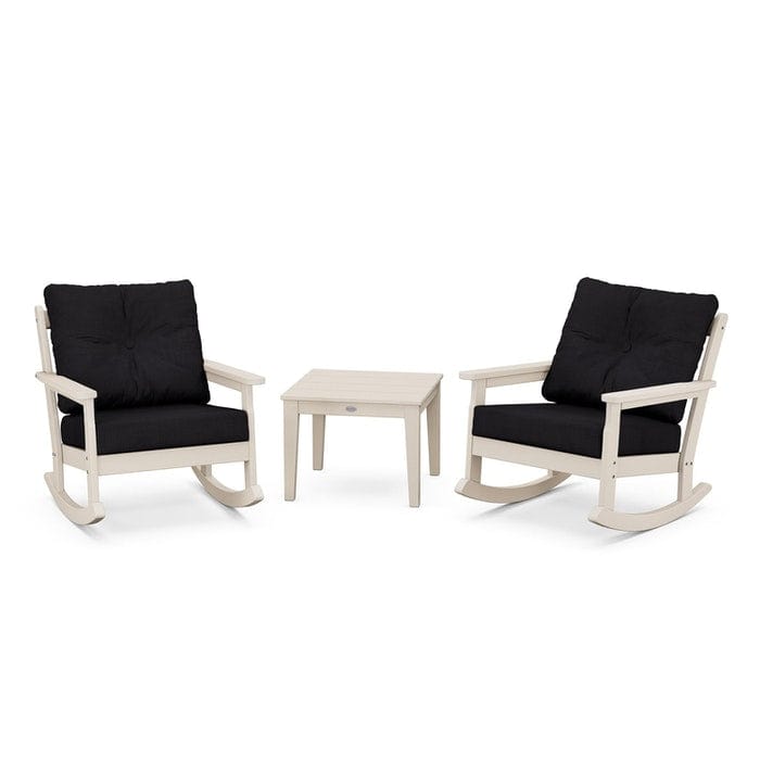 POLYWOOD Vineyard 3-Piece Deep Seating Rocking Chair Set in Sand / Midnight Linen