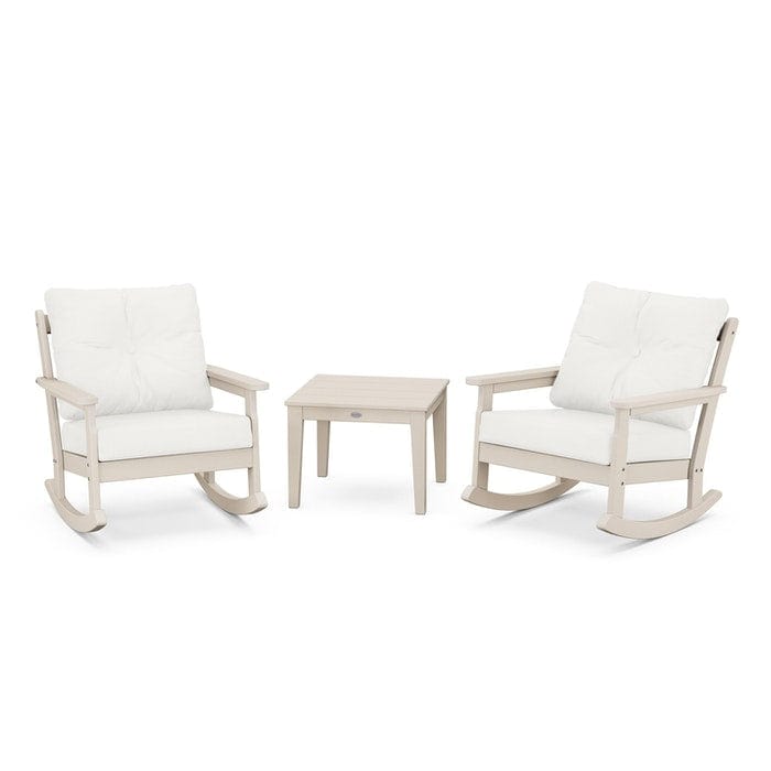 POLYWOOD Vineyard 3-Piece Deep Seating Rocking Chair Set in Sand / Natural Linen