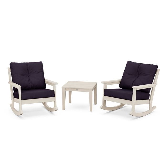 POLYWOOD Vineyard 3-Piece Deep Seating Rocking Chair Set in Sand / Navy Linen
