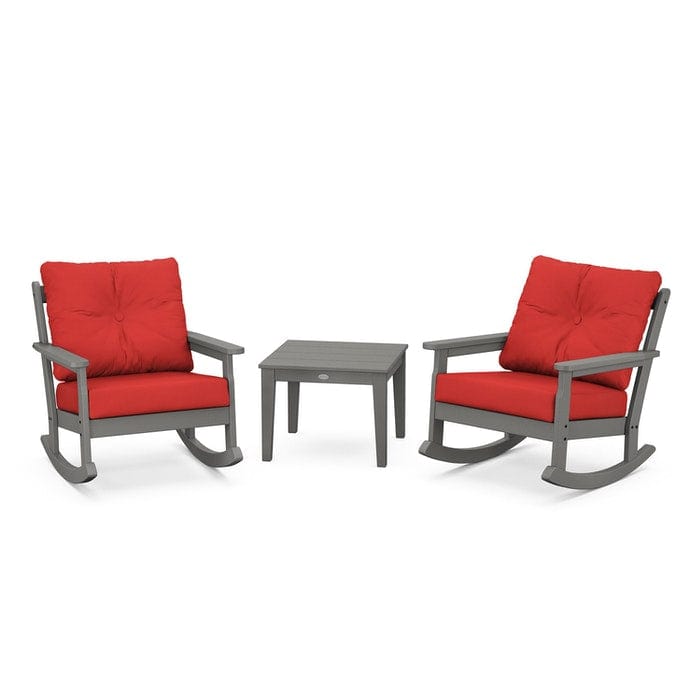 POLYWOOD Vineyard 3-Piece Deep Seating Rocking Chair Set in Slate Grey / Crimson Linen