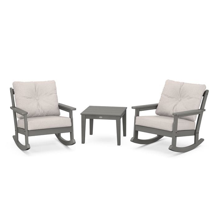 POLYWOOD Vineyard 3-Piece Deep Seating Rocking Chair Set in Slate Grey / Dune Burlap
