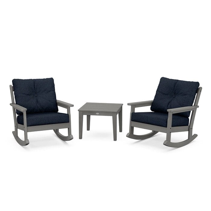 POLYWOOD Vineyard 3-Piece Deep Seating Rocking Chair Set in Slate Grey / Marine Indigo