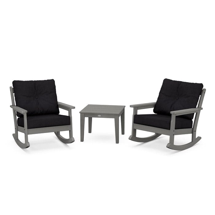 POLYWOOD Vineyard 3-Piece Deep Seating Rocking Chair Set in Slate Grey / Midnight Linen