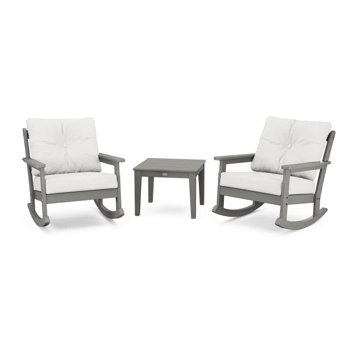 POLYWOOD Vineyard 3-Piece Deep Seating Rocking Chair Set in Slate Grey / Natural Linen