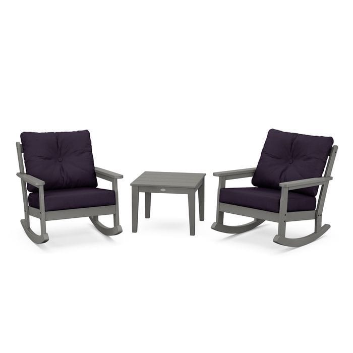 POLYWOOD Vineyard 3-Piece Deep Seating Rocking Chair Set in Slate Grey / Navy Linen