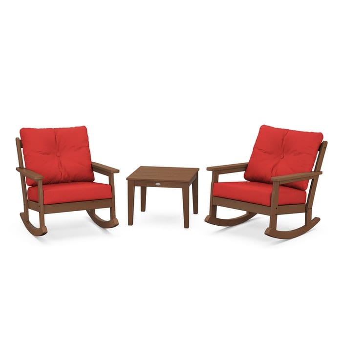 POLYWOOD Vineyard 3-Piece Deep Seating Rocking Chair Set in Teak / Crimson Linen