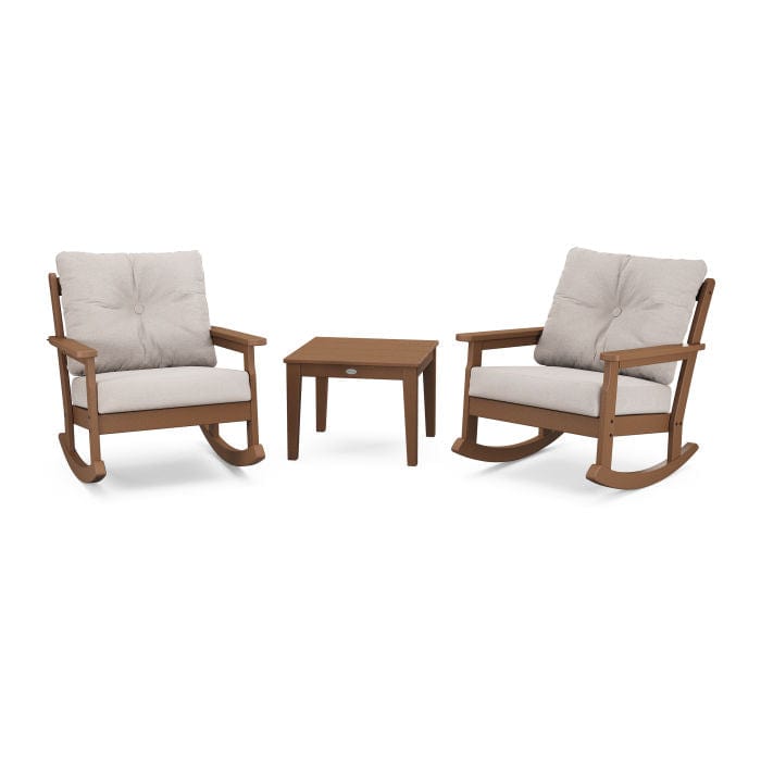 POLYWOOD Vineyard 3-Piece Deep Seating Rocking Chair Set in Teak / Dune Burlap
