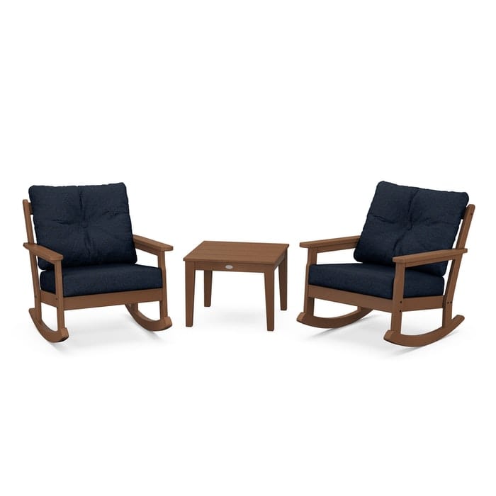 POLYWOOD Vineyard 3-Piece Deep Seating Rocking Chair Set in Teak / Marine Indigo