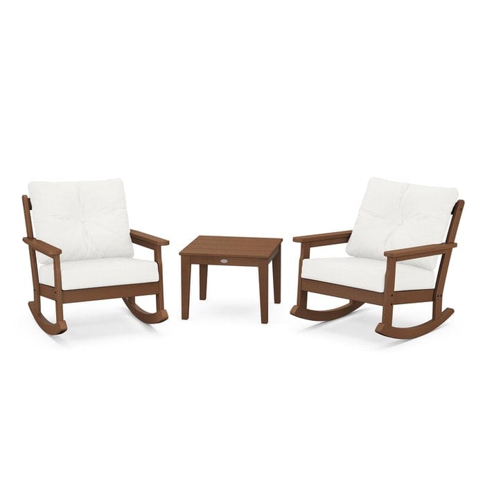 POLYWOOD Vineyard 3-Piece Deep Seating Rocking Chair Set in Teak / Natural Linen
