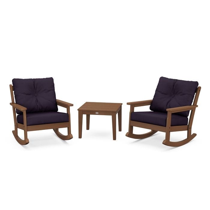 POLYWOOD Vineyard 3-Piece Deep Seating Rocking Chair Set in Teak / Navy Linen