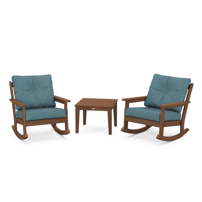 POLYWOOD Vineyard 3-Piece Deep Seating Rocking Chair Set in Teak / Ocean Teal