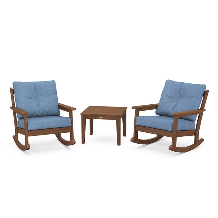POLYWOOD Vineyard 3-Piece Deep Seating Rocking Chair Set in Teak / Sky Blue