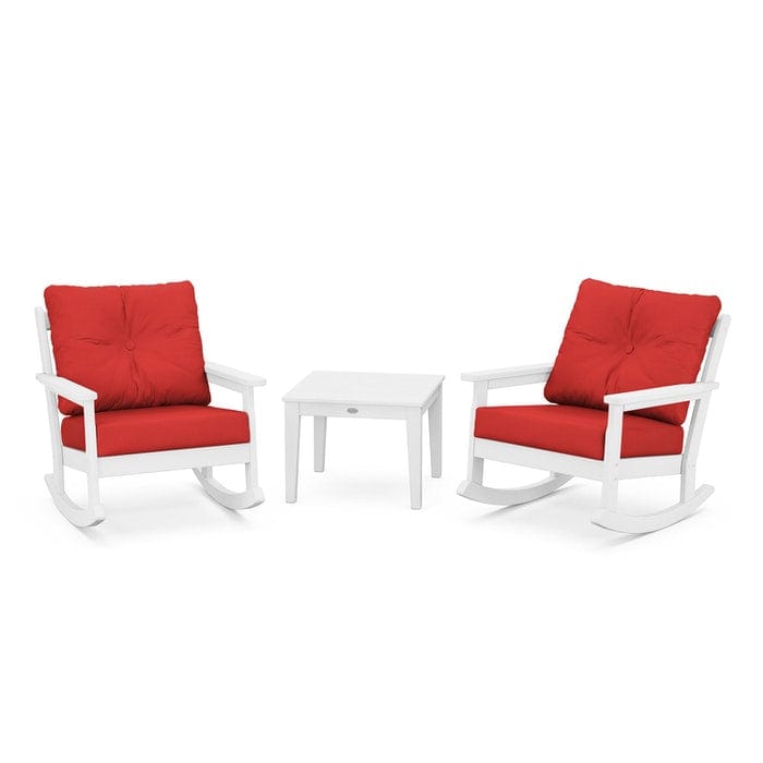POLYWOOD Vineyard 3-Piece Deep Seating Rocking Chair Set in White / Crimson Linen