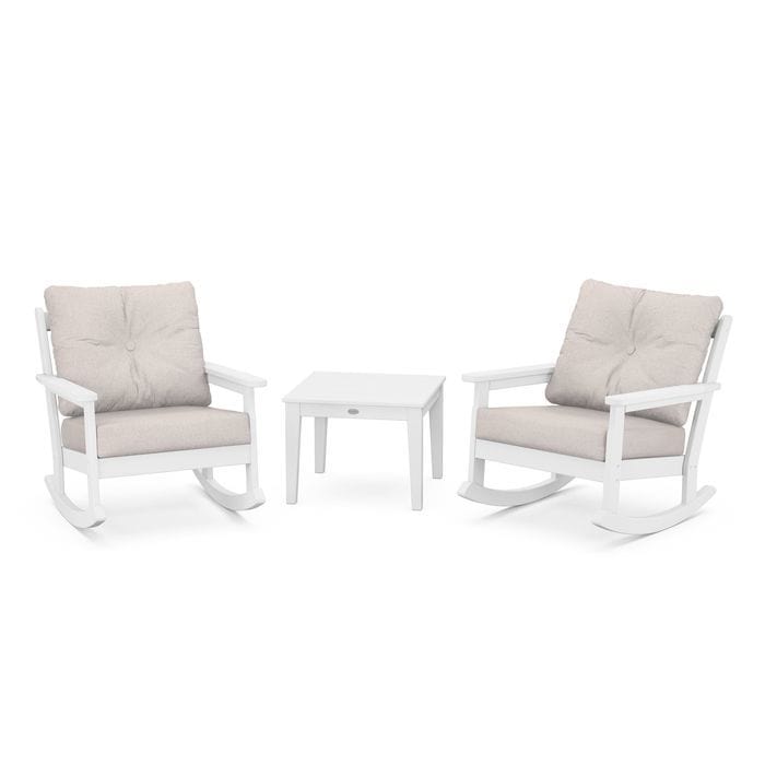 POLYWOOD Vineyard 3-Piece Deep Seating Rocking Chair Set in White / Dune Burlap
