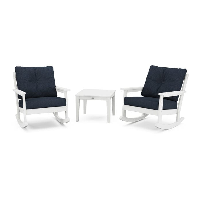 POLYWOOD Vineyard 3-Piece Deep Seating Rocking Chair Set in White / Marine Indigo