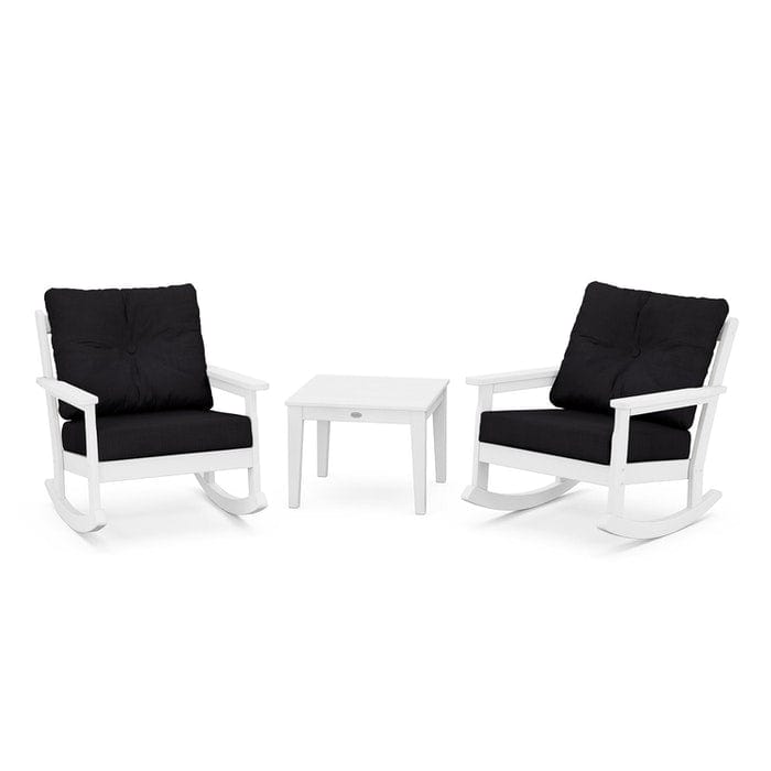 POLYWOOD Vineyard 3-Piece Deep Seating Rocking Chair Set in White / Midnight Linen