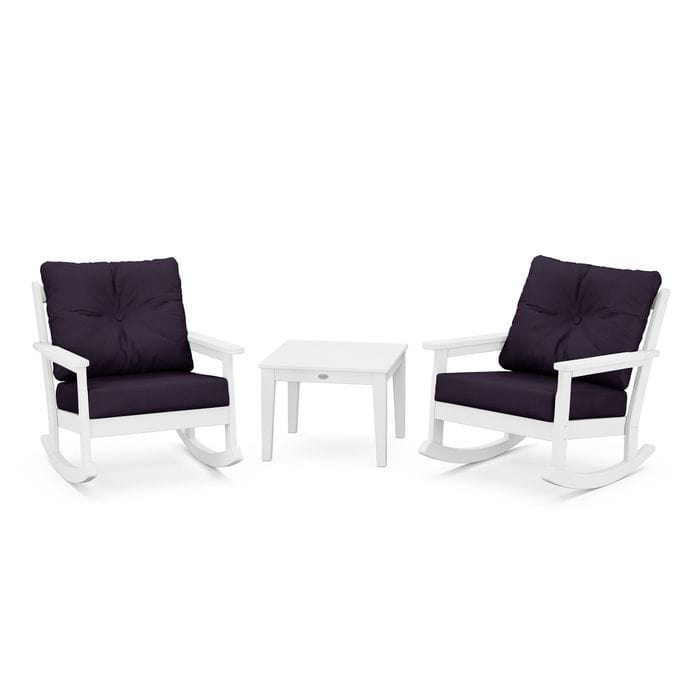POLYWOOD Vineyard 3-Piece Deep Seating Rocking Chair Set in White / Navy Linen