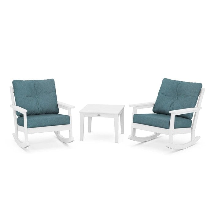POLYWOOD Vineyard 3-Piece Deep Seating Rocking Chair Set in White / Ocean Teal