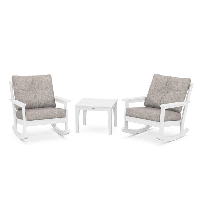 POLYWOOD Vineyard 3-Piece Deep Seating Rocking Chair Set in White / Weathered Tweed
