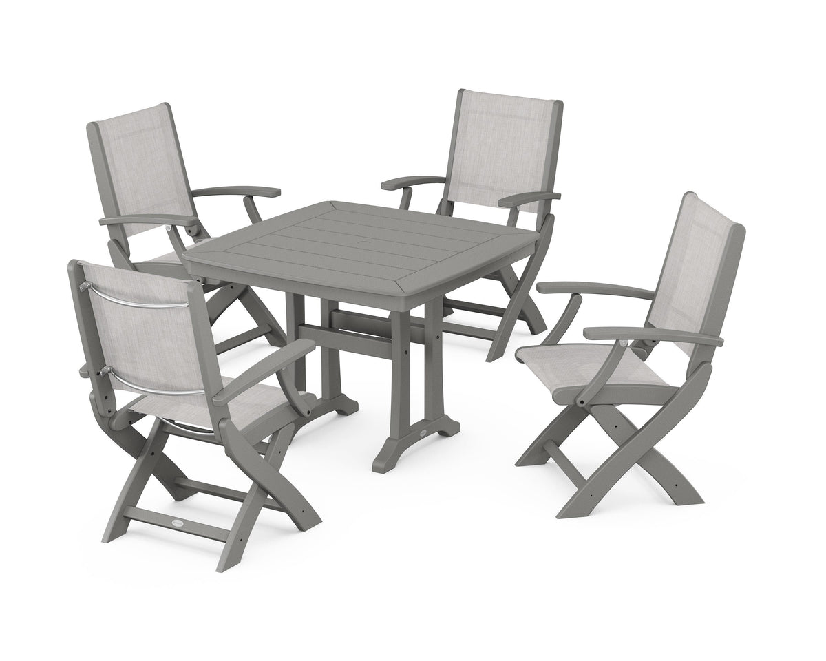 POLYWOOD Coastal Folding Chair 5-Piece Dining Set with Trestle Legs in Slate Grey / Parchment