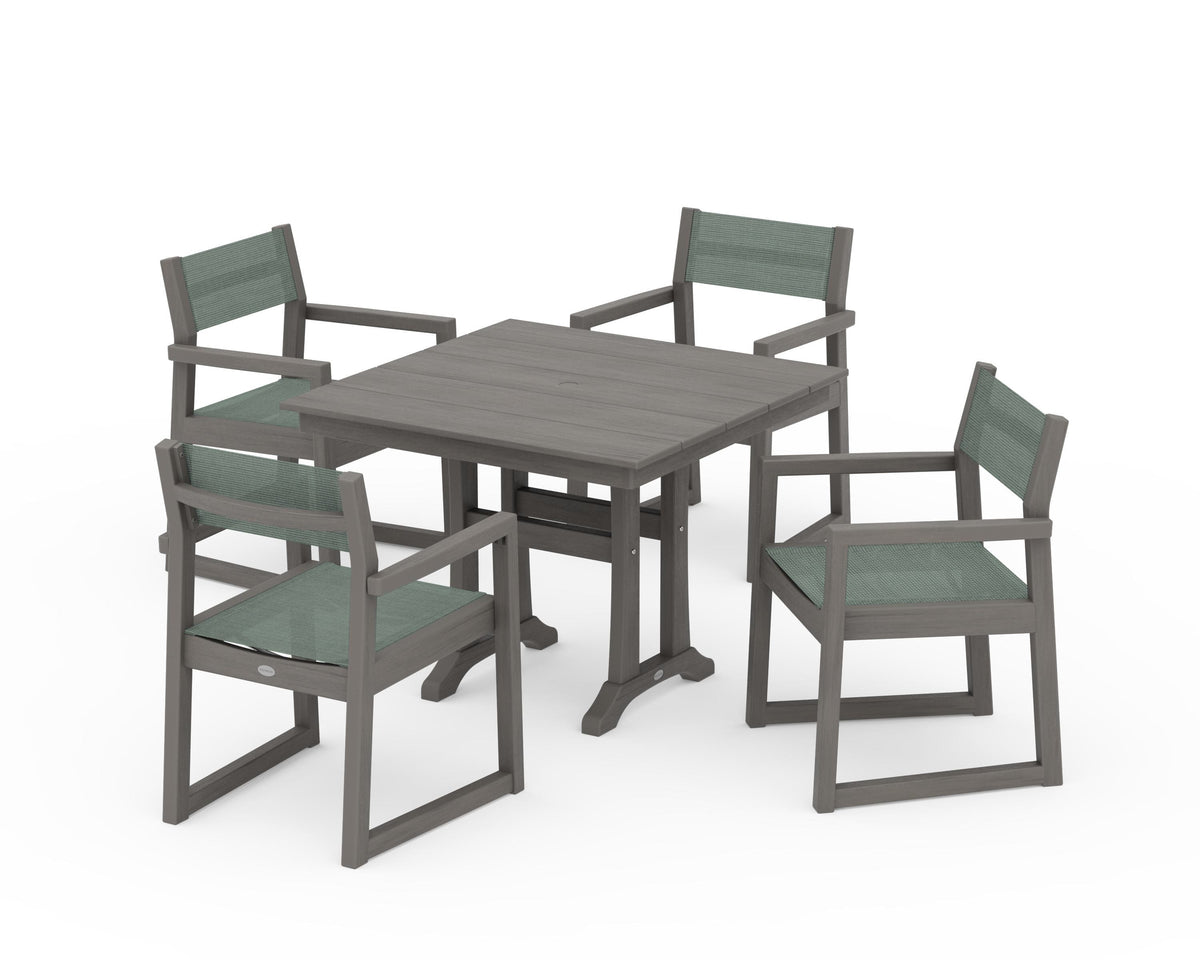 POLYWOOD EDGE Sling 5-Piece Farmhouse Dining Set with Trestle Legs in Driftwood / Dupioni Sea Mist
