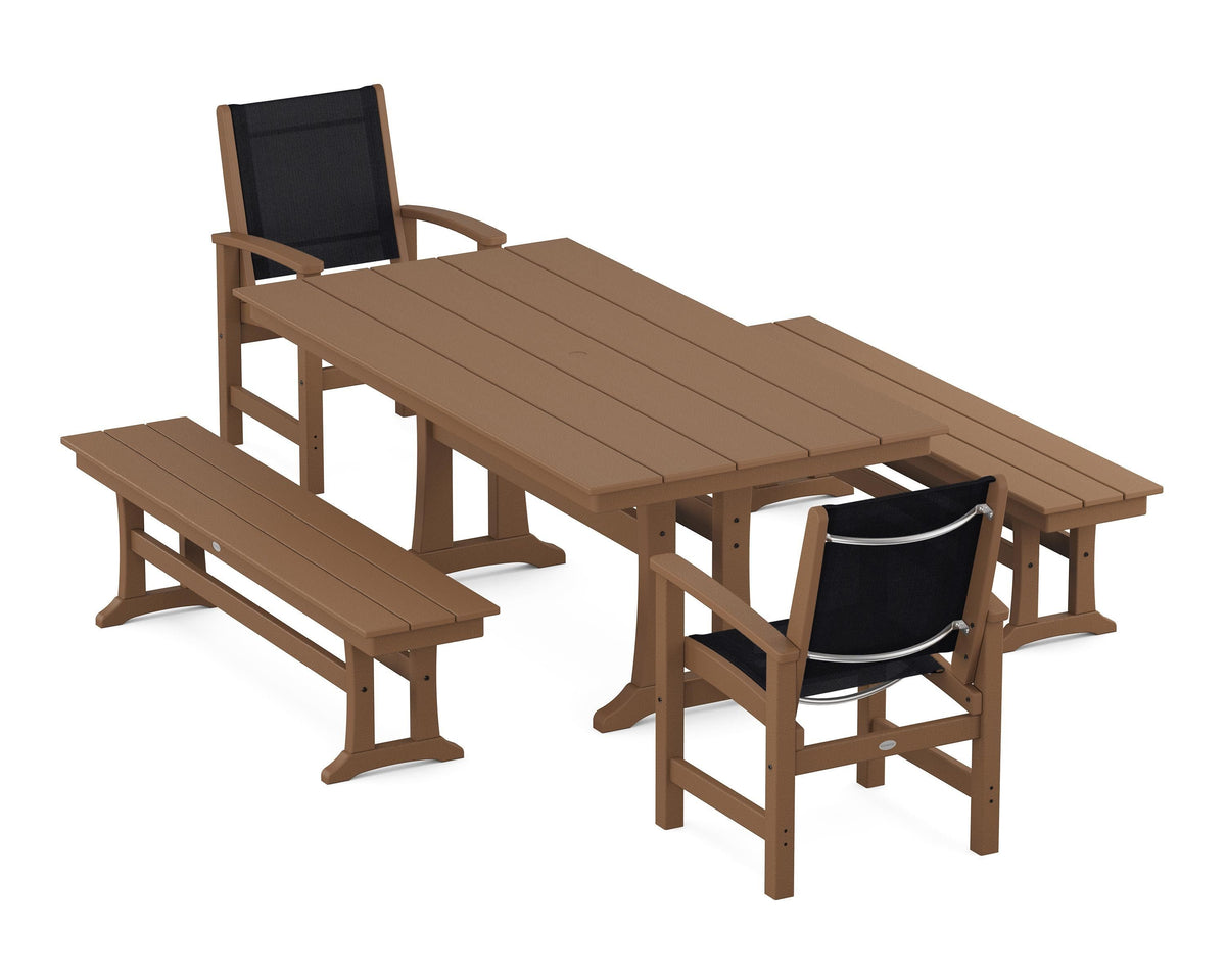 POLYWOOD Coastal 5-Piece Farmhouse Dining Set with Trestle Legs and Benches in Teak / Black