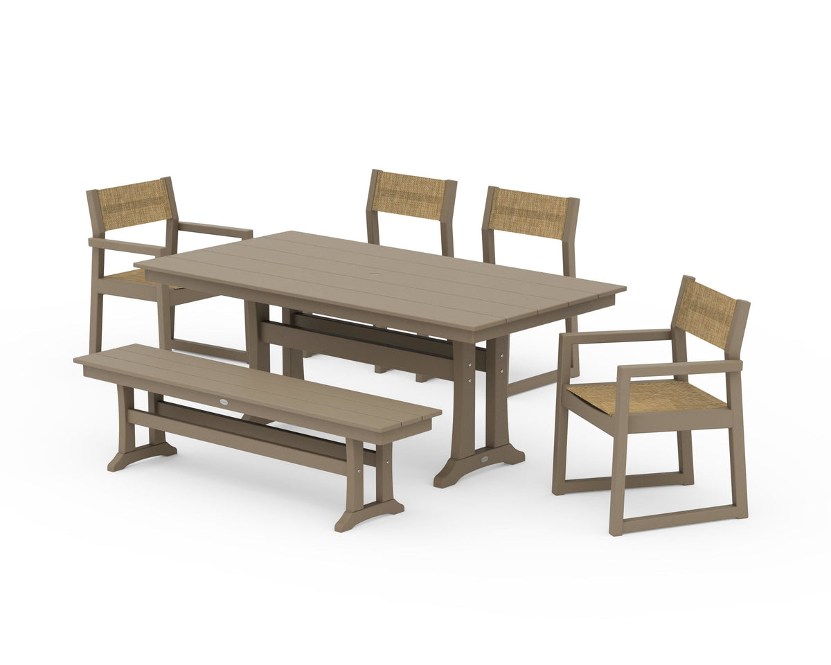 POLYWOOD EDGE Sling 6-Piece Farmhouse Dining Set With Trestle Legs in Vintage Sahara / Burlap
