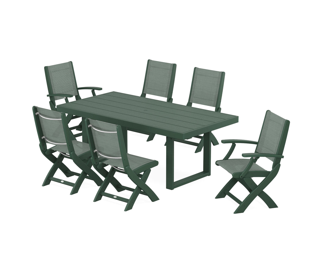 POLYWOOD Coastal Folding Chair 7-Piece Dining Set with Trestle Legs with EDGE 40" x 78" Dining Table in Green / Dupioni Sea Mist