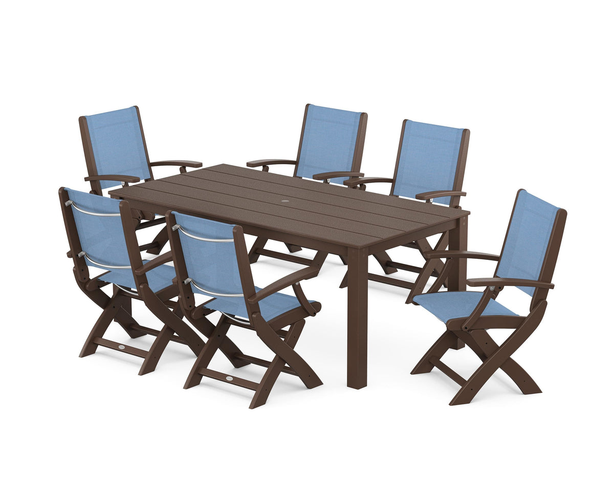 POLYWOOD Coastal Folding Chair 7-Piece Parsons Dining Set in Mahogany / Poolside