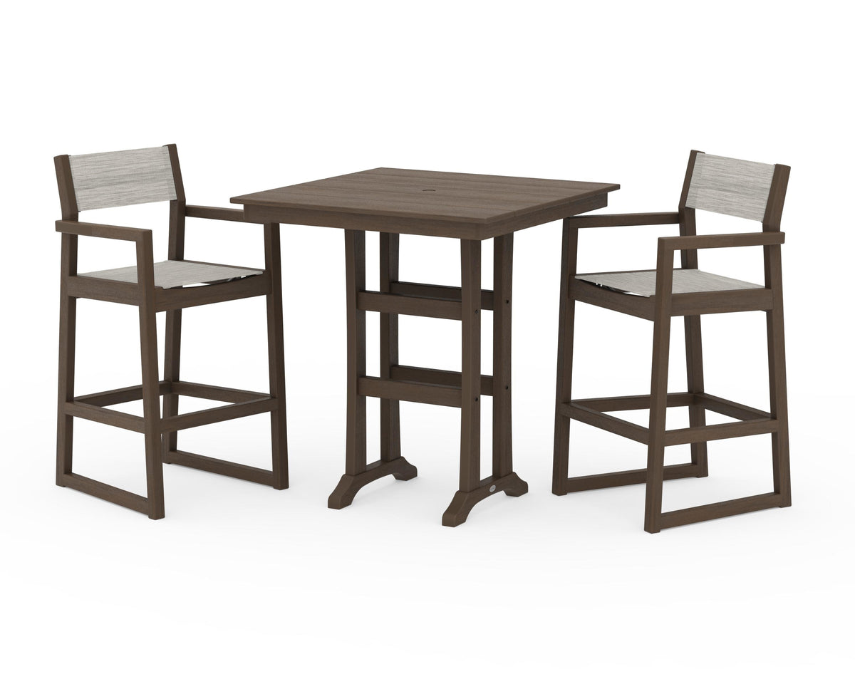 POLYWOOD EDGE Sling Arm Chair 3-Piece Farmhouse Bar Set with Trestle Legs in Kona / Birch