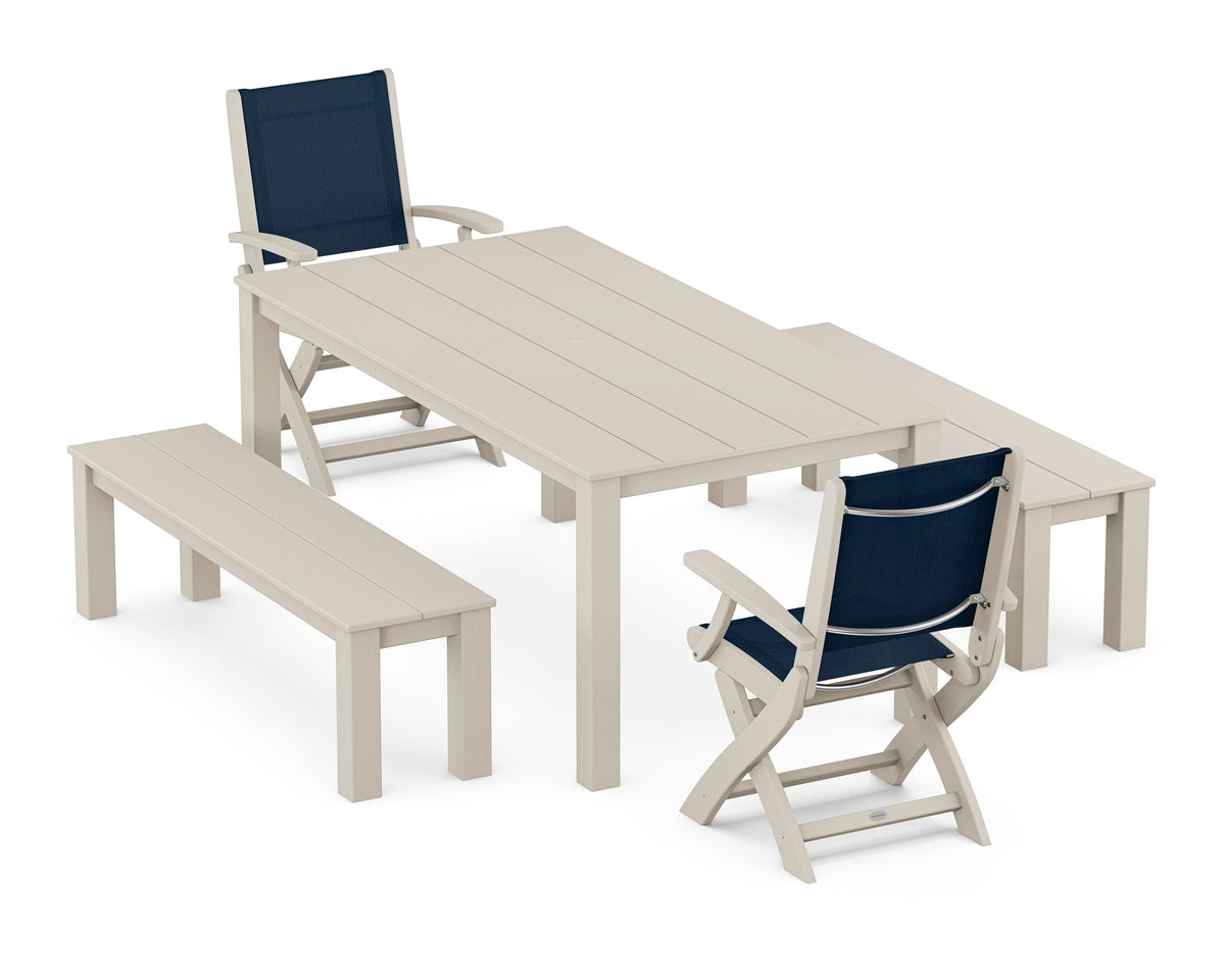 POLYWOOD Coastal Folding Chair 5-Piece Parsons Dining Set with Benches in Sand / Navy Blue