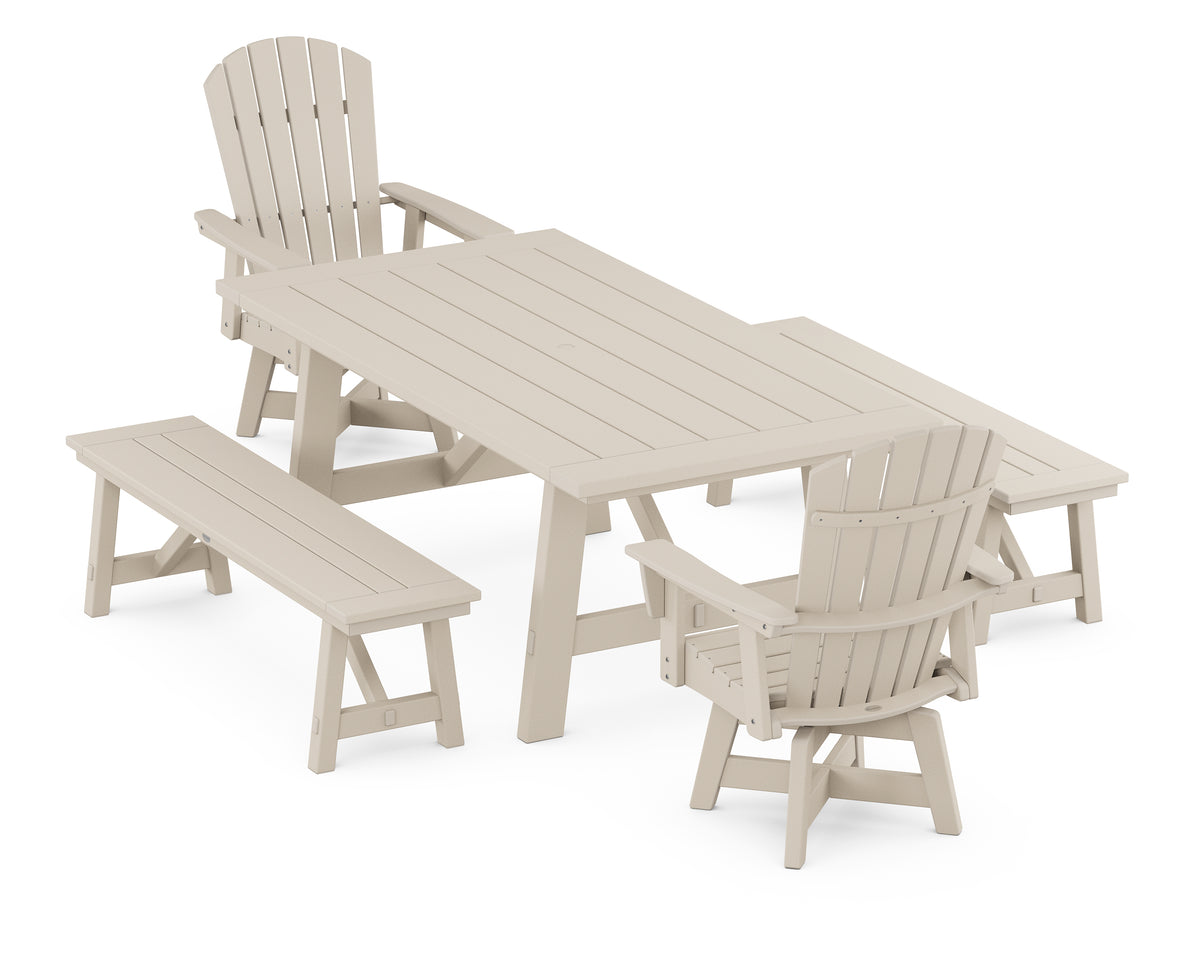 POLYWOOD Nautical Curveback Adirondack Swivel Chair 5-Piece Rustic Farmhouse Dining Set with Benches in Sand