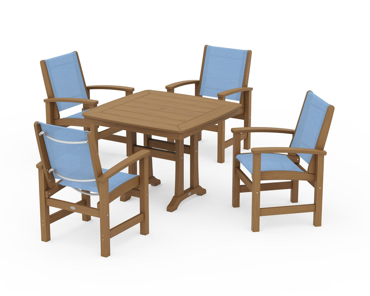 POLYWOOD Coastal 5-Piece Dining Set with Trestle Legs with Nautical Trestle 37" Dining Table in Natural / Poolside
