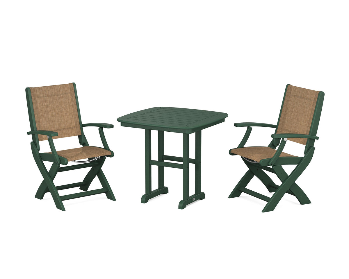 POLYWOOD Coastal Folding Chair 3-Piece Dining Set in Green / Burlap