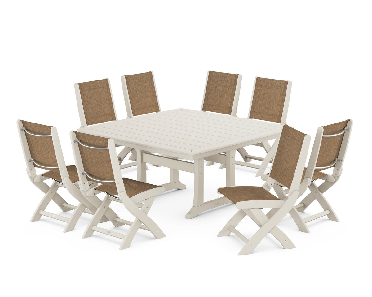 POLYWOOD Coastal Folding Side Chair 9-Piece Dining Set with Trestle Legs in Sand / Burlap
