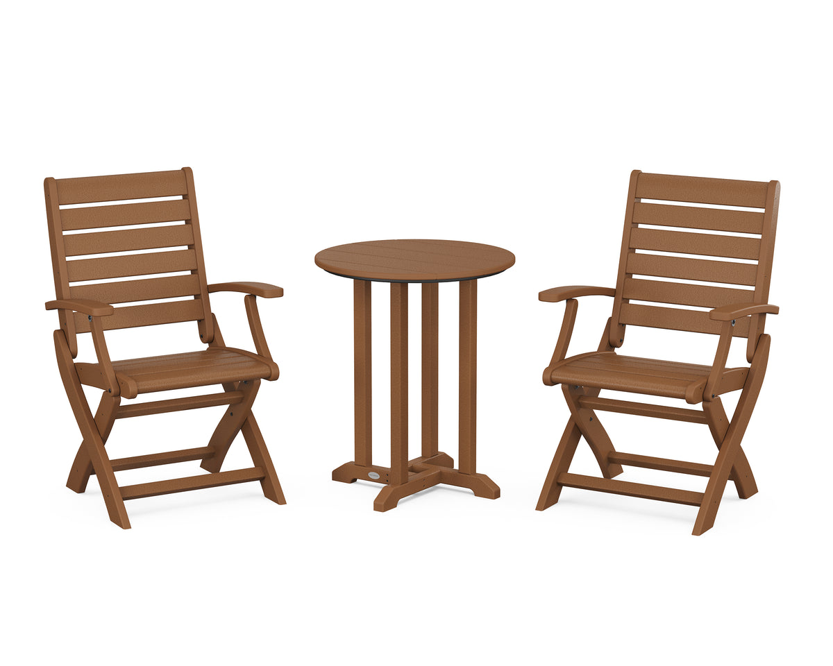 POLYWOOD Signature Folding Chair 3-Piece Round Farmhouse Bistro Dining Set in Teak