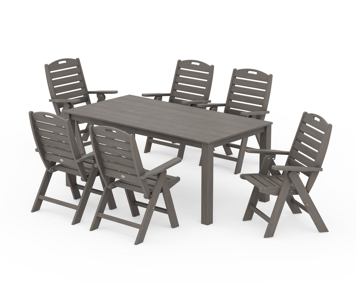 POLYWOOD Nautical Folding Highback Chair 7-Piece Parsons Dining Set in Driftwood