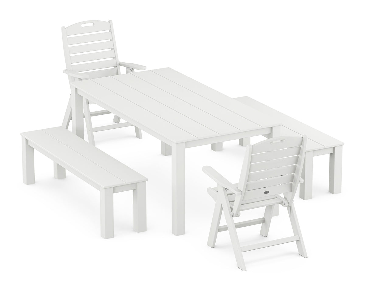 POLYWOOD Nautical Folding Highback Chair 5-Piece Parsons Dining Set with Benches in White
