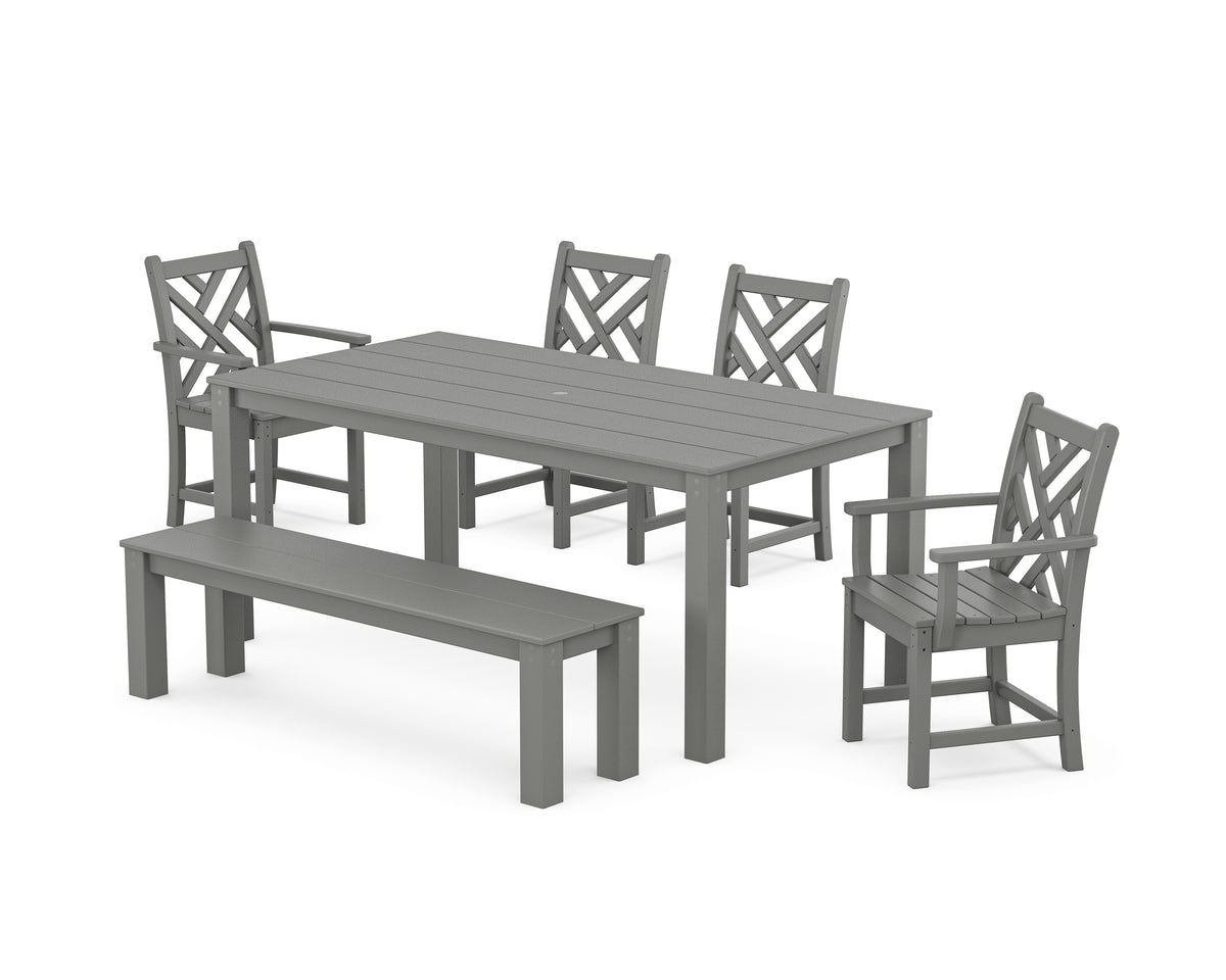 POLYWOOD Chippendale 6-Piece Parsons Dining Set with Bench with Chippendale Dining Side Chair in Slate Grey