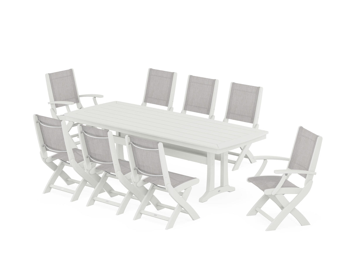 POLYWOOD Coastal Folding 9-Piece Dining Set with Trestle Legs in Vintage White / Parchment