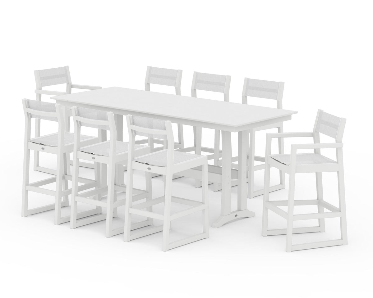 POLYWOOD EDGE Sling 9-Piece Farmhouse Bar Set with Trestle Legs in White / White
