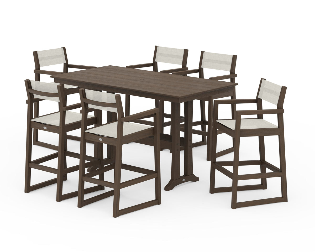 POLYWOOD EDGE Sling Arm Chair 7-Piece Farmhouse Bar Set with Trestle Legs in Kona / Parchment